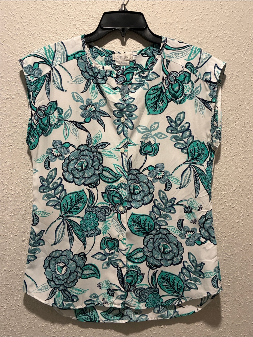 Van Heusen Teal and White Floral Button-Front Cap Sleeve Top